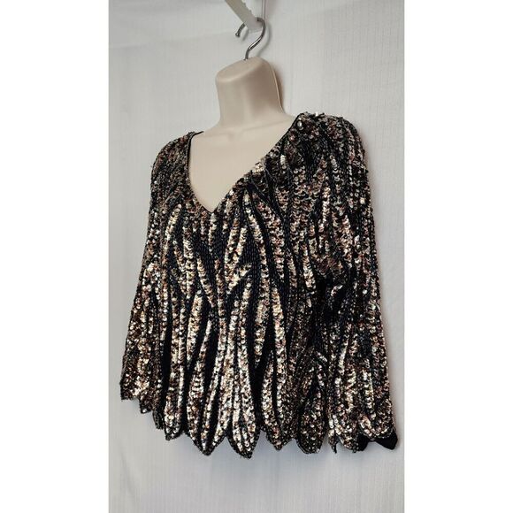 Oleg Cassini V-Neck Scalloped Black Jewel Beaded Sequin Silk Top Size Small - Picture 5 of 9